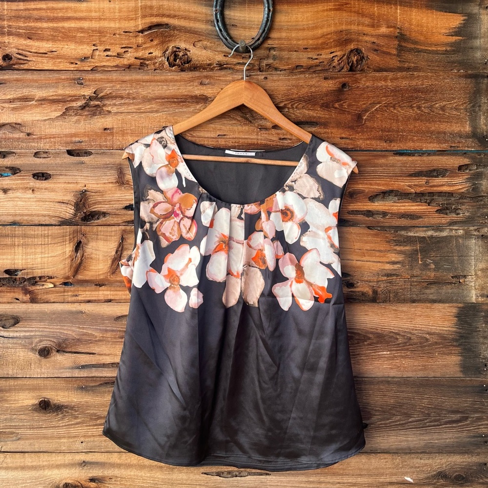 T TAHARI | Black Camisole with White, Pink & Orange Floral Satin Top L